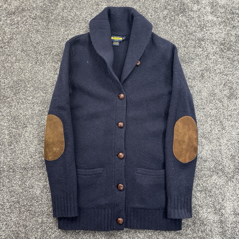 Ralph Lauren Rugby Shawl Collar Cardigan Sweater Size Small Blue Wool Knit